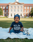 Navy kids crewneck T-shirt with “THEE PREMIERE” front event graphic