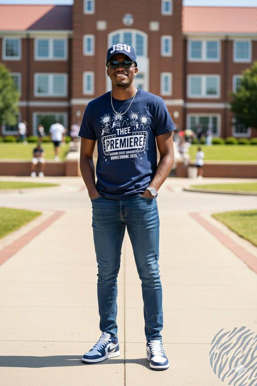 Navy short-sleeve T-shirt with “THEE PREMIERE” front event graphic