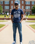 Navy short-sleeve T-shirt with “THEE PREMIERE” front event graphic
