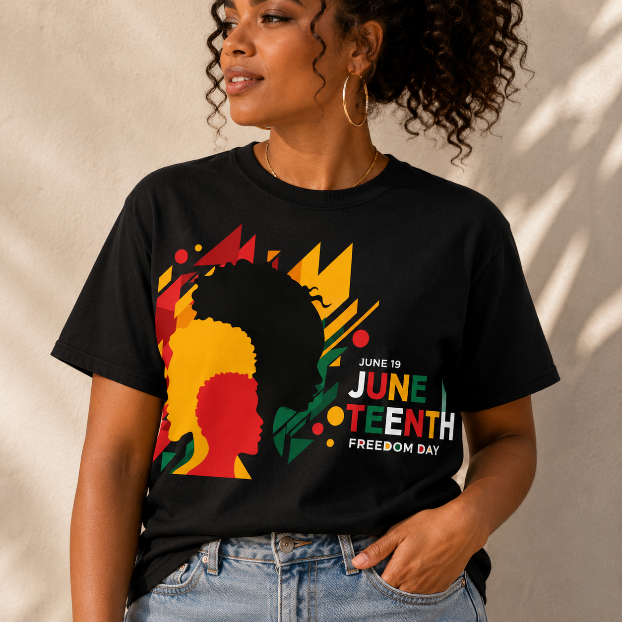 Black Juneteenth graphic T-shirt with profile silhouette and “June 19” “Freedom Day”