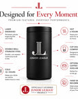 Premium features of the Junior League Frost Buddy including laser engraving and double-wall insulation.
