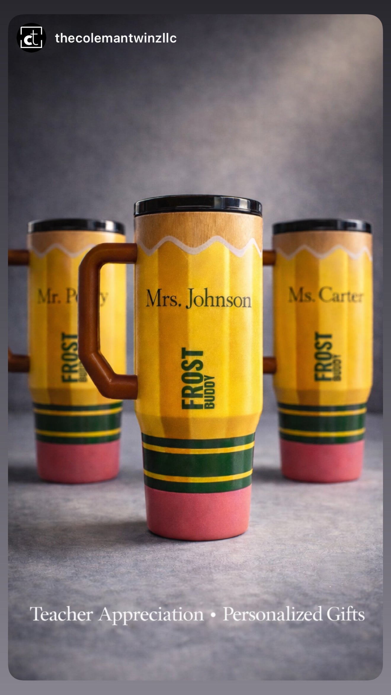 Set of personalized laser-engraved pencil tumblers, orange with names and black lids