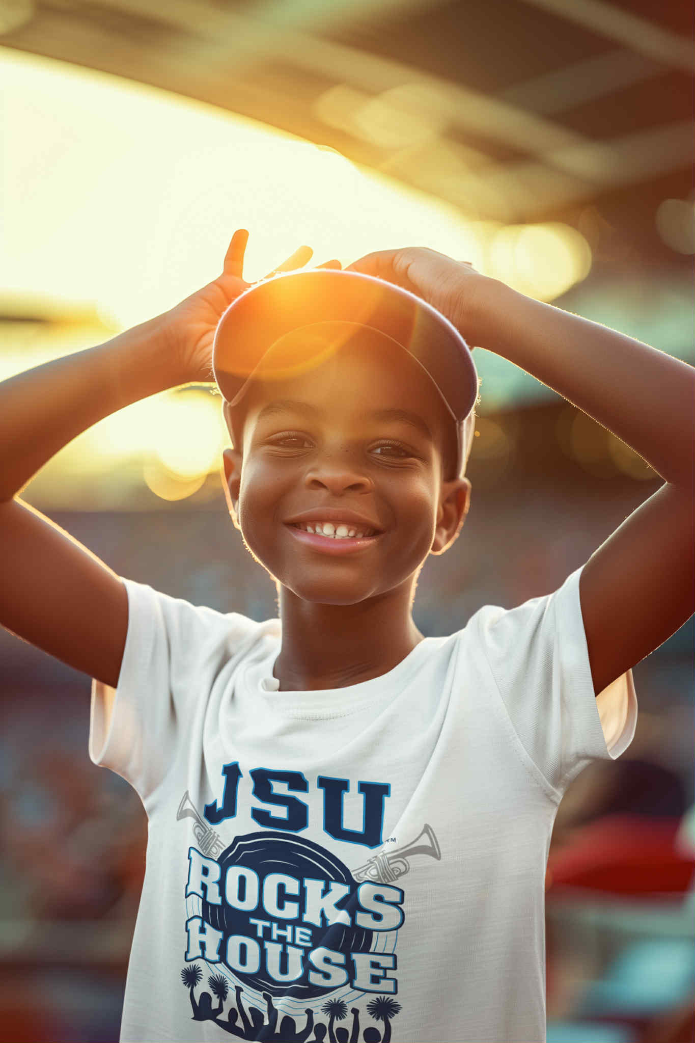 Youth T-shirt with blue "JSU Rocks the House" front print on child
