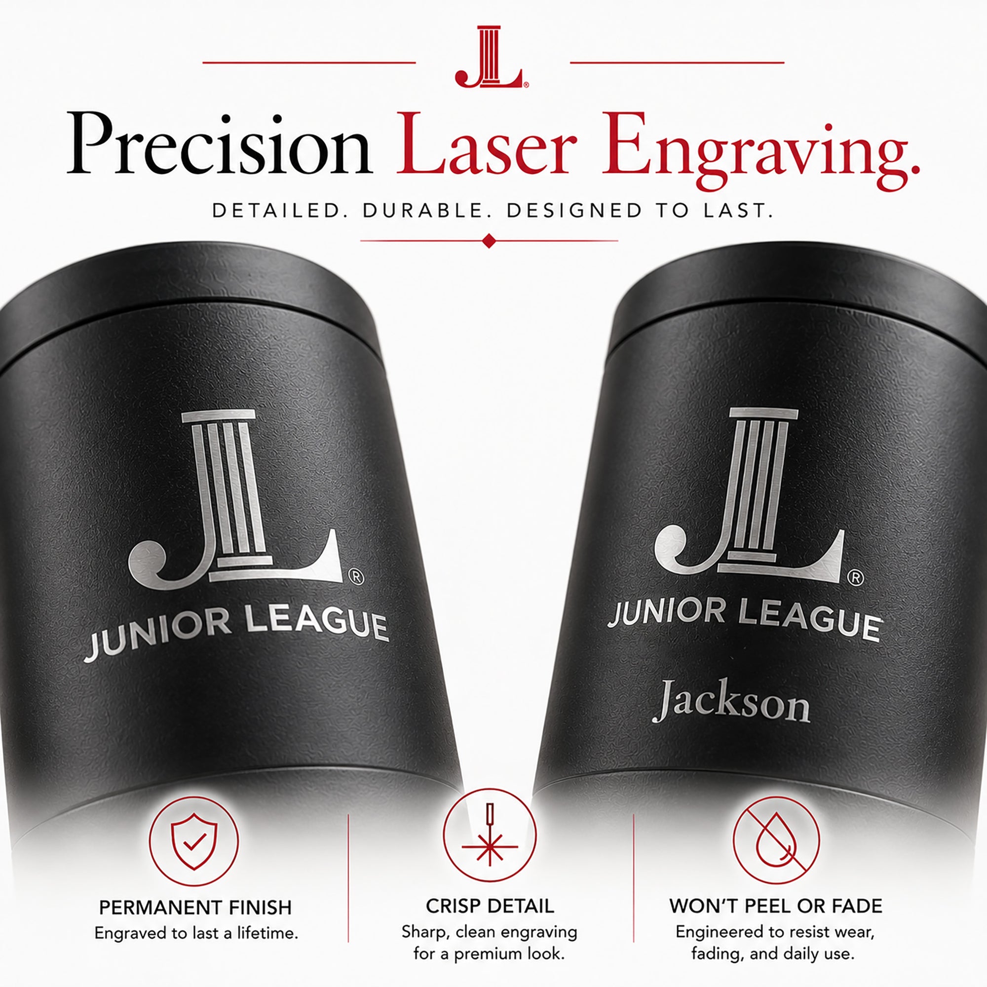Close-up of precision laser engraved Junior League logo and custom text on Frost Buddy.