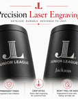 Close-up of precision laser engraved Junior League logo and custom text on Frost Buddy.