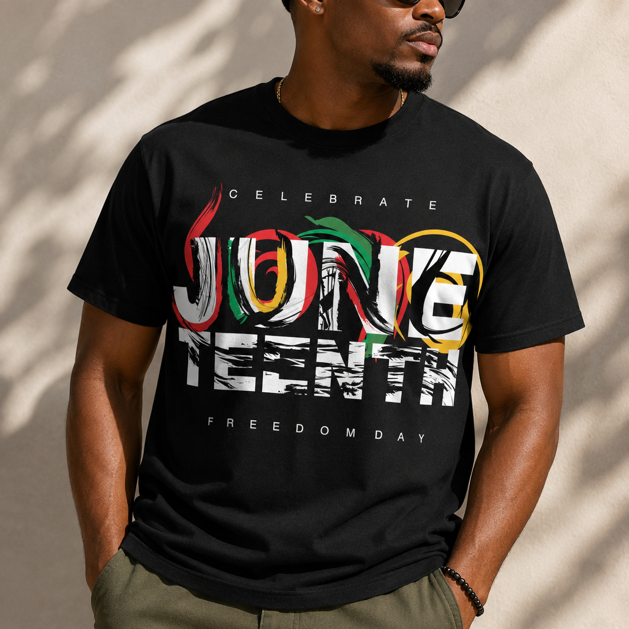 Black Juneteenth graphic T-shirt with “Celebrate Juneteenth Freedom Day” text