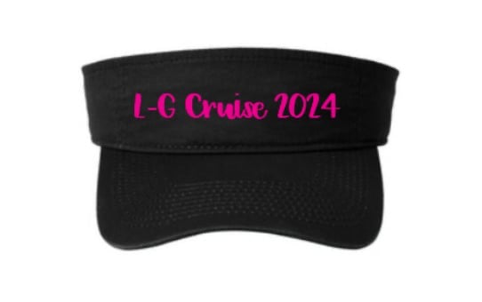 Black visor with pink "L-G Cruise 2024" embroidery