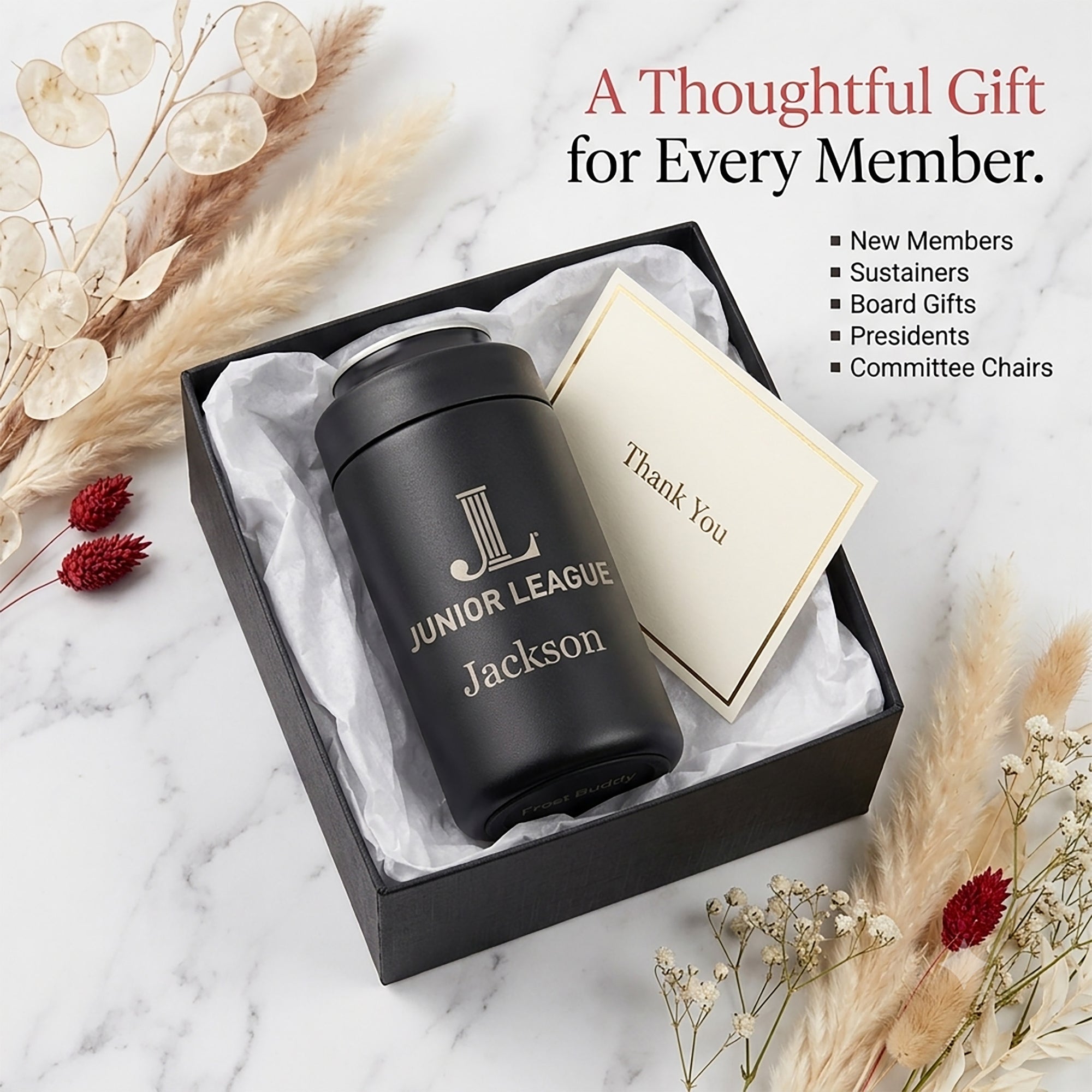 Gift-ready Junior League Frost Buddy in a premium box with tissue paper and thank-you card.