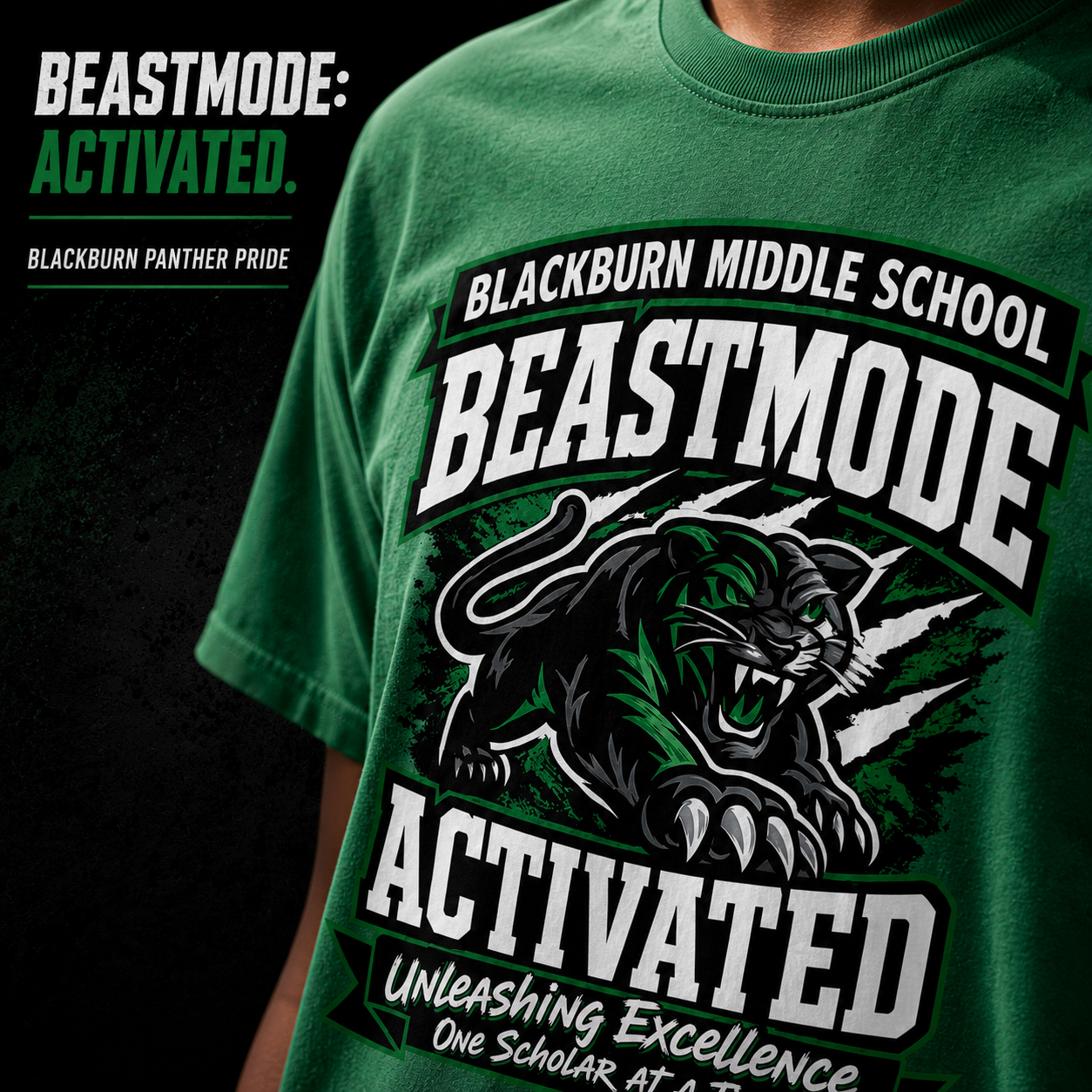 Green crew-neck t-shirt close-up of BEASTMODE ACTIVATED panther graphic