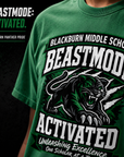Green crew-neck t-shirt close-up of BEASTMODE ACTIVATED panther graphic