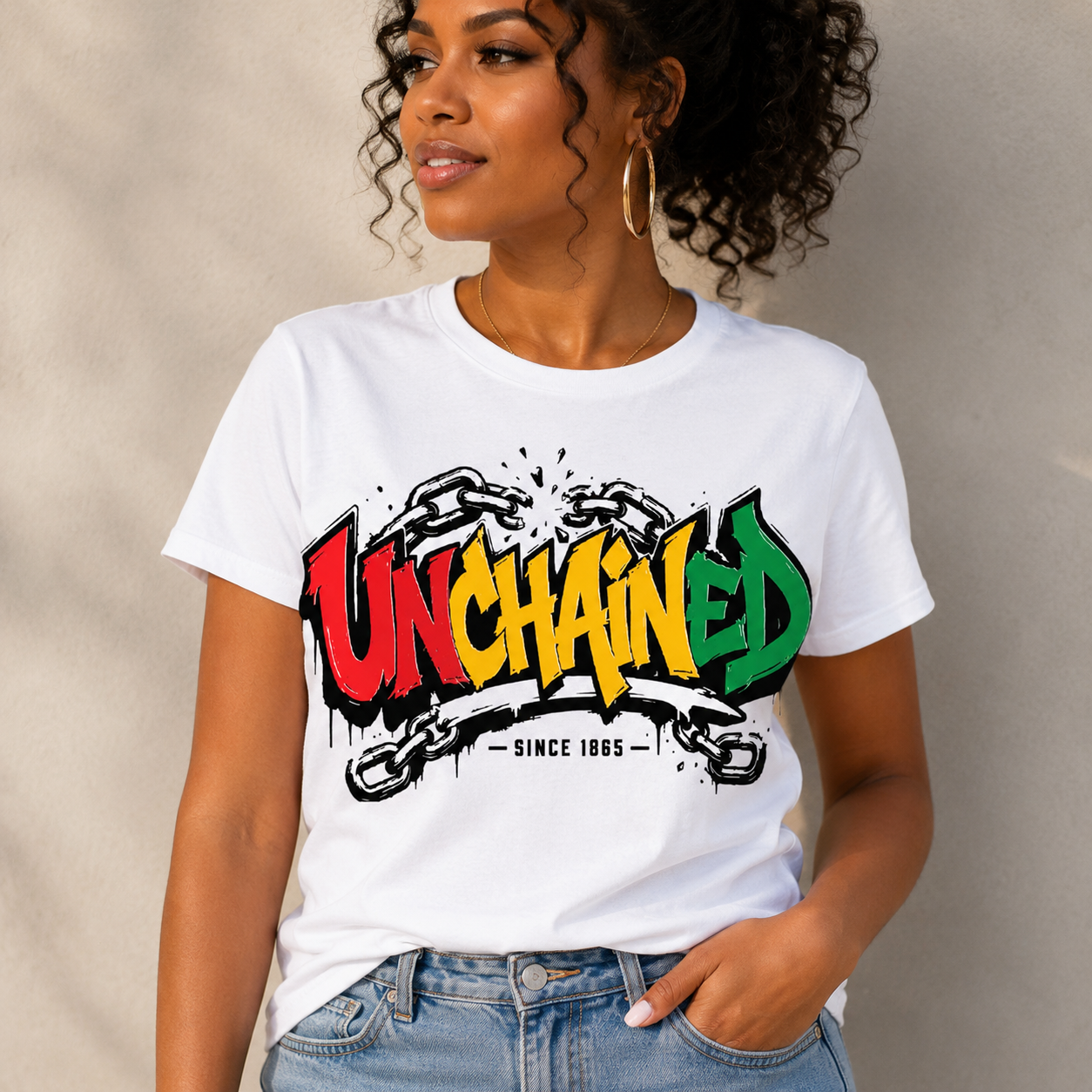 White Juneteenth graphic T-shirt reading “UNCHAINED” with “since 1865”