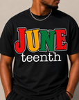 Black Juneteenth graphic T-shirt with large “JUNE teen th” lettering