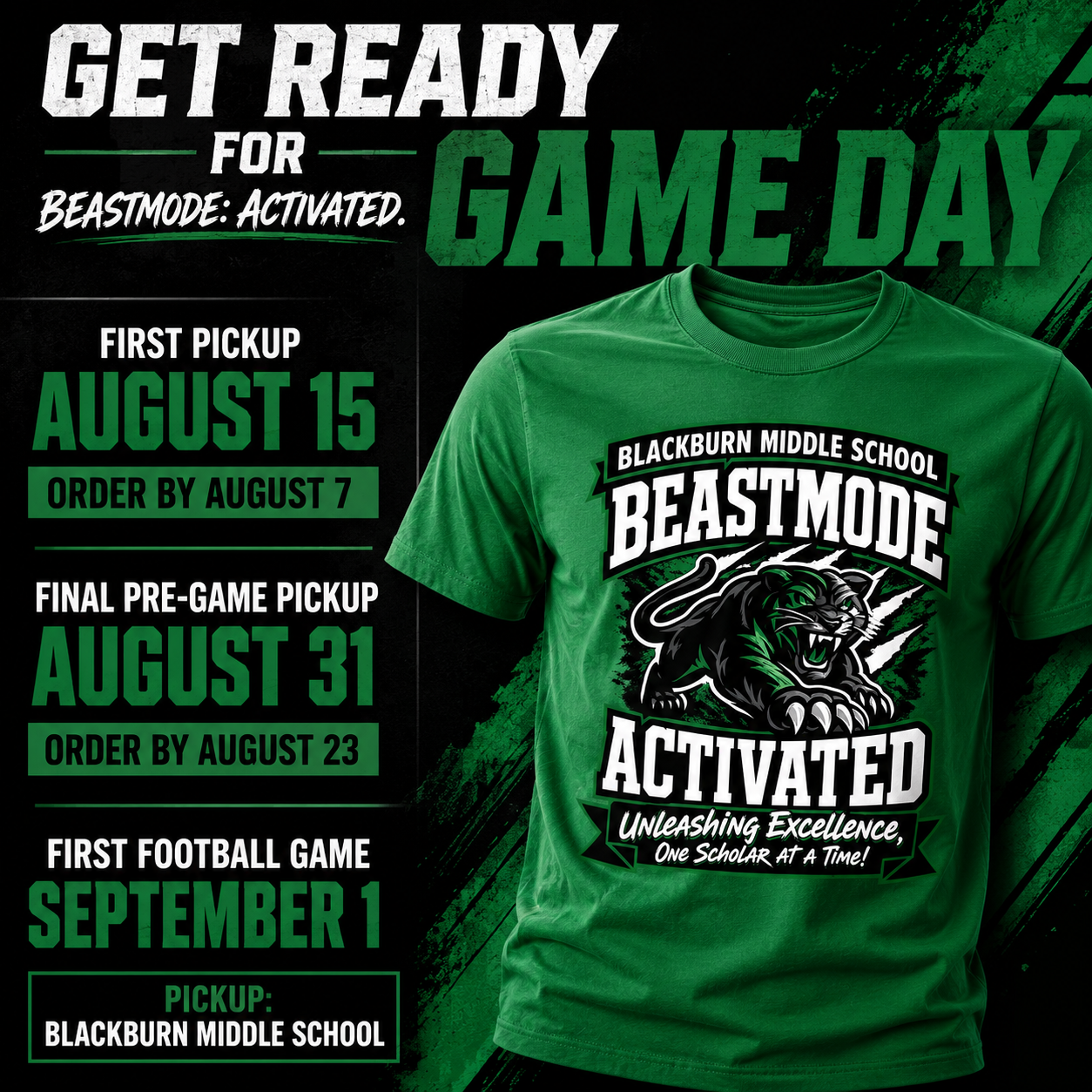 Green crew-neck spirit t-shirt showing BEASTMODE ACTIVATED panther head front print