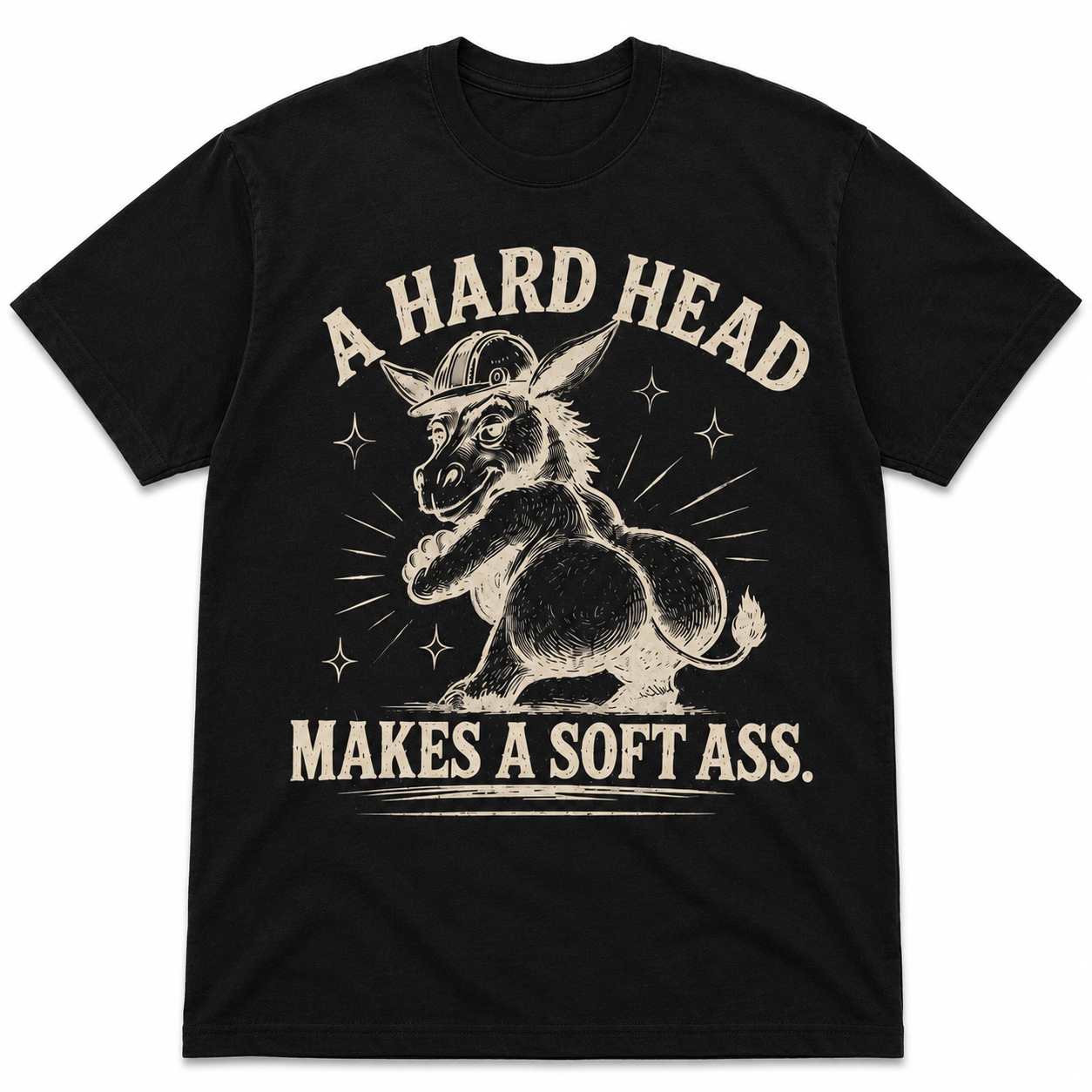 Black western graphic t-shirt featuring distressed donkey artwork and southern humor phrase