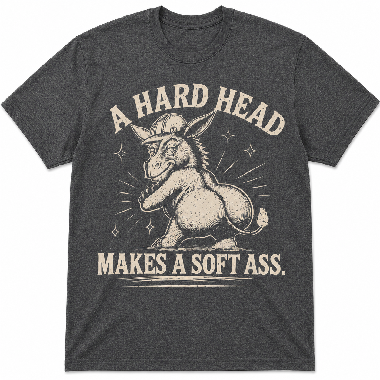 Dark heather gray graphic t-shirt featuring western-inspired donkey artwork and southern saying
