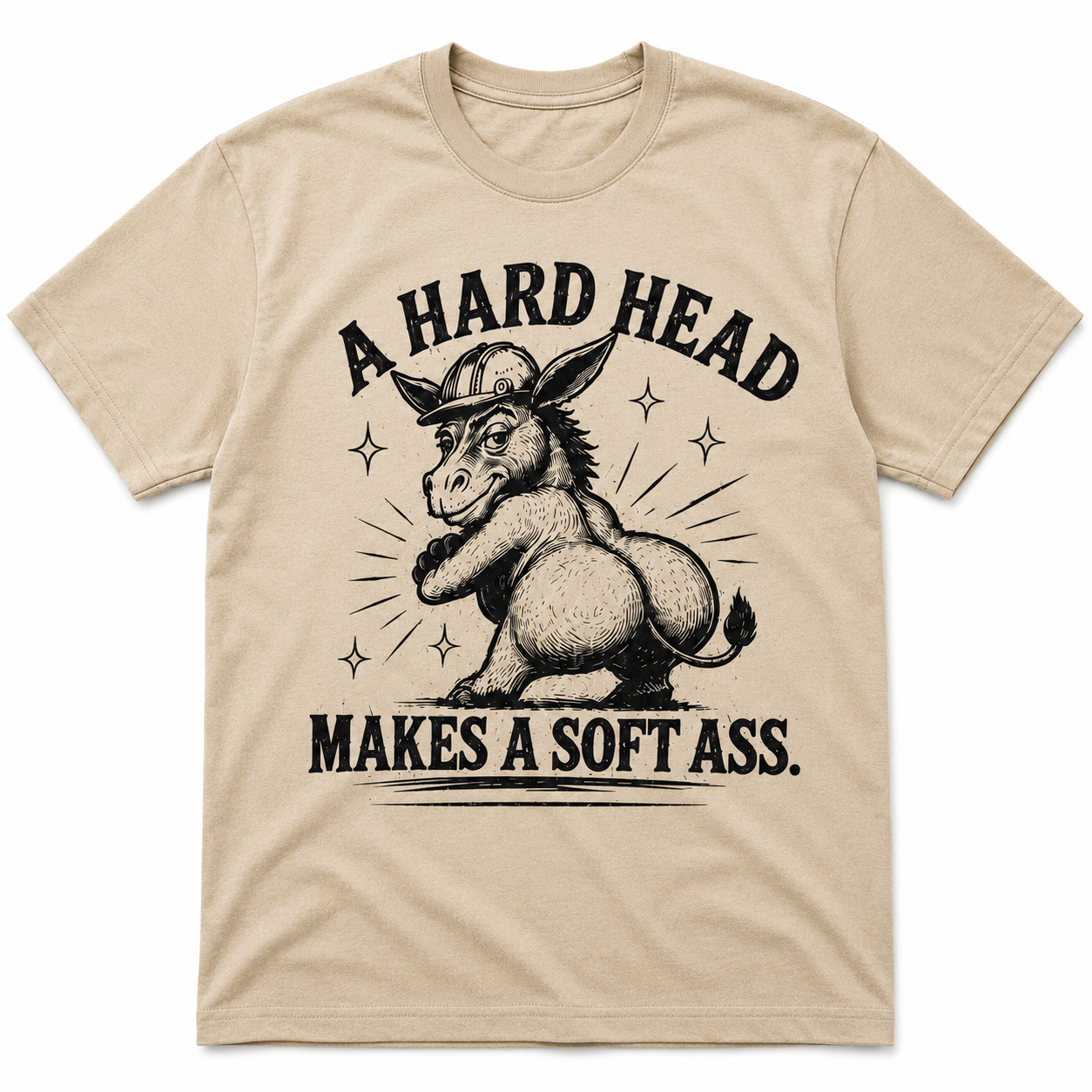 Sand western graphic t-shirt featuring A Hard Head Makes a Soft Ass donkey illustration by The Coleman Twinz LLC