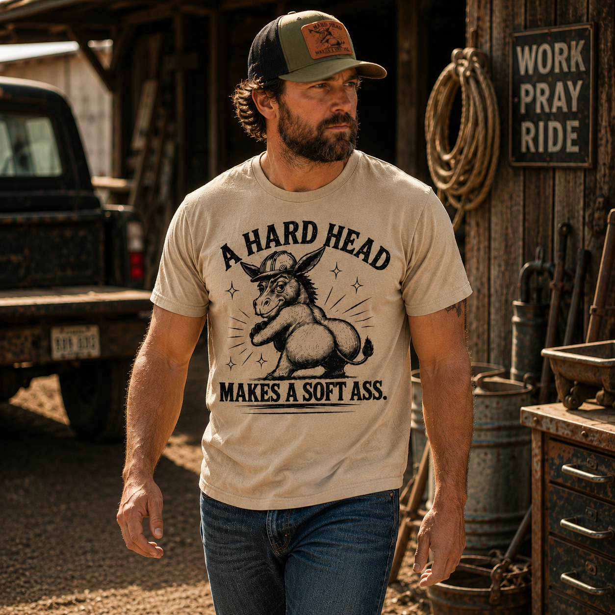 Man wearing sand colored A Hard Head Makes a Soft Ass western graphic t-shirt outdoors