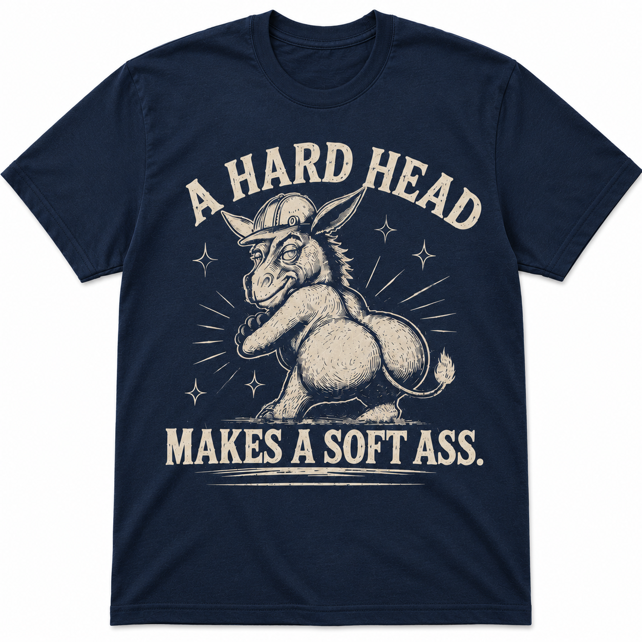 Navy blue southern graphic t-shirt with vintage western donkey illustration and bold typography