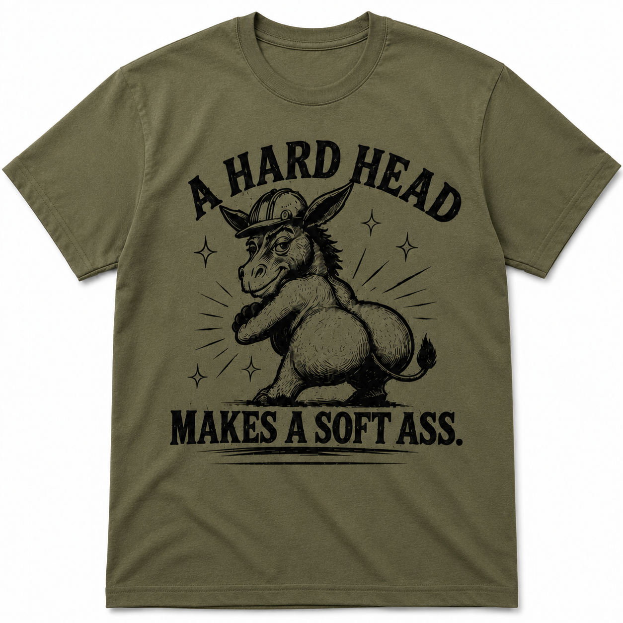 Olive green western graphic t-shirt with vintage donkey artwork and southern saying design