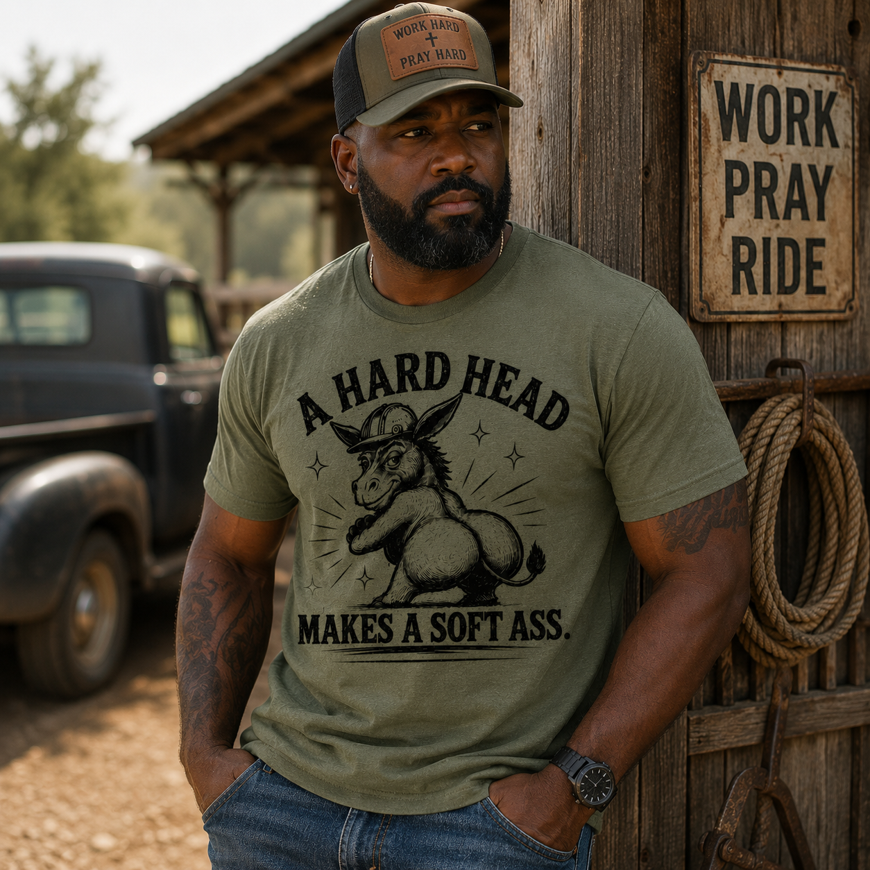 Man wearing olive green A Hard Head Makes a Soft Ass graphic t-shirt styled with western workwear clothing