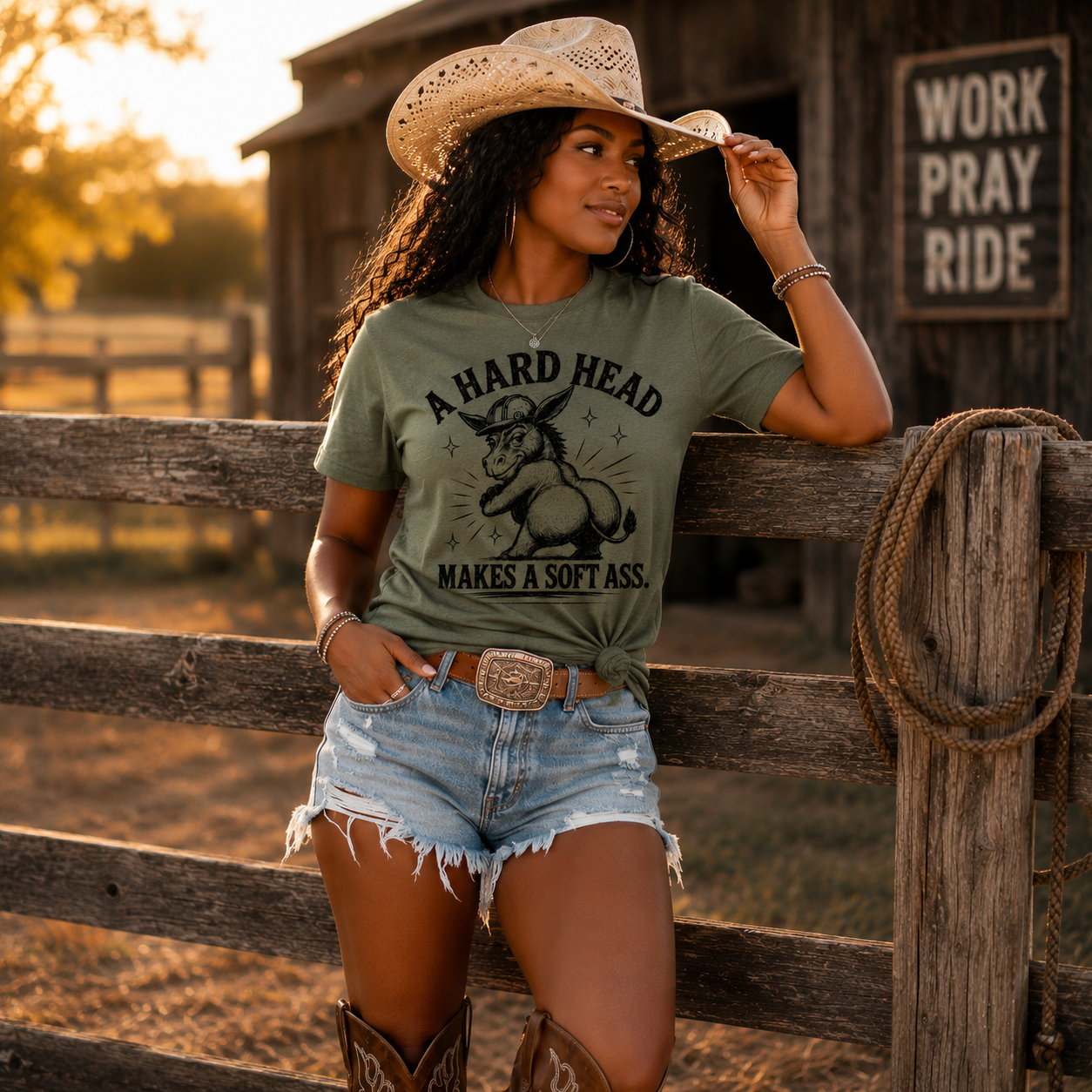 Black woman wearing olive green A Hard Head Makes a Soft Ass western graphic t-shirt with denim shorts, cowboy boots, and cowboy hat at sunset ranch setting