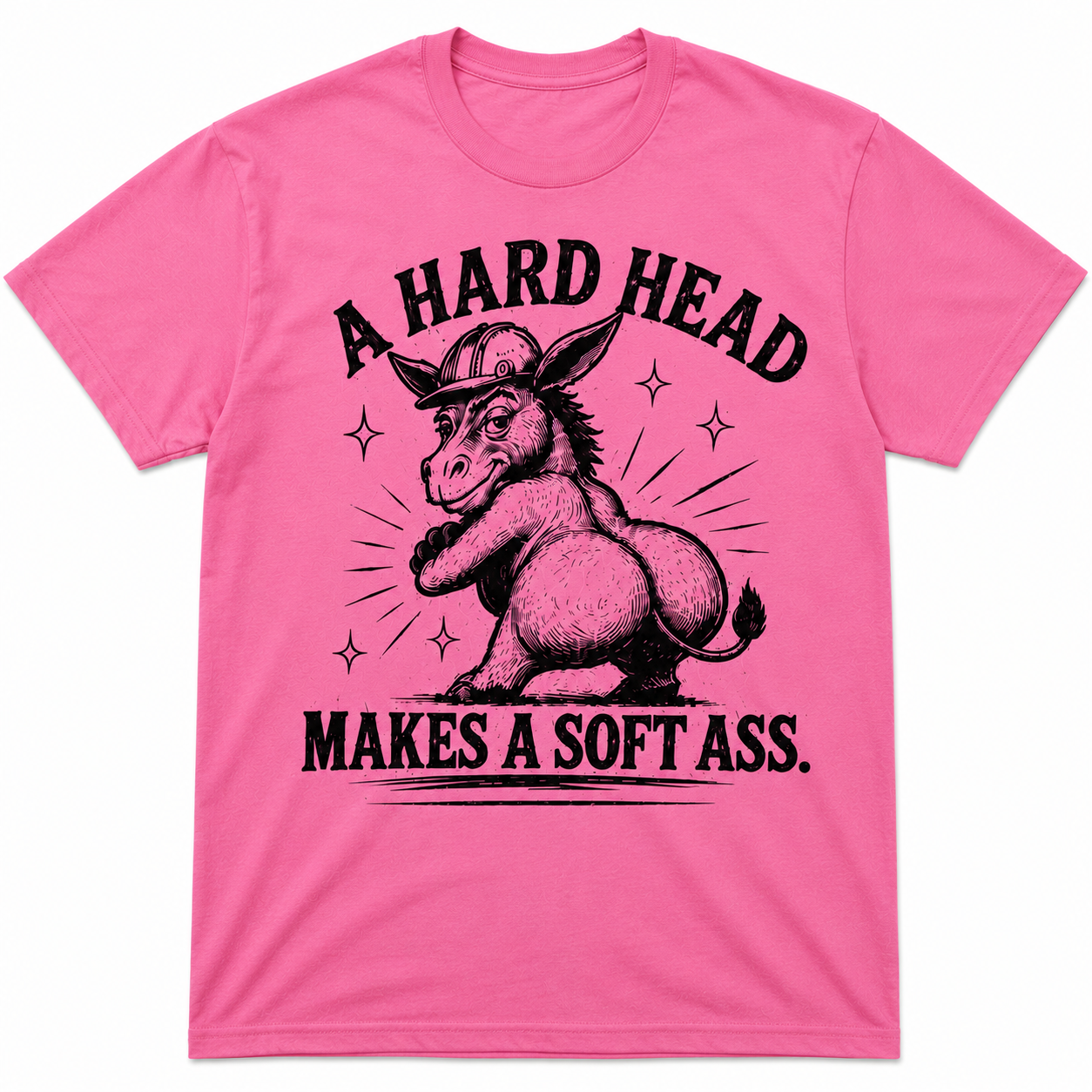 Pink graphic t-shirt featuring vintage donkey artwork and humorous southern saying design