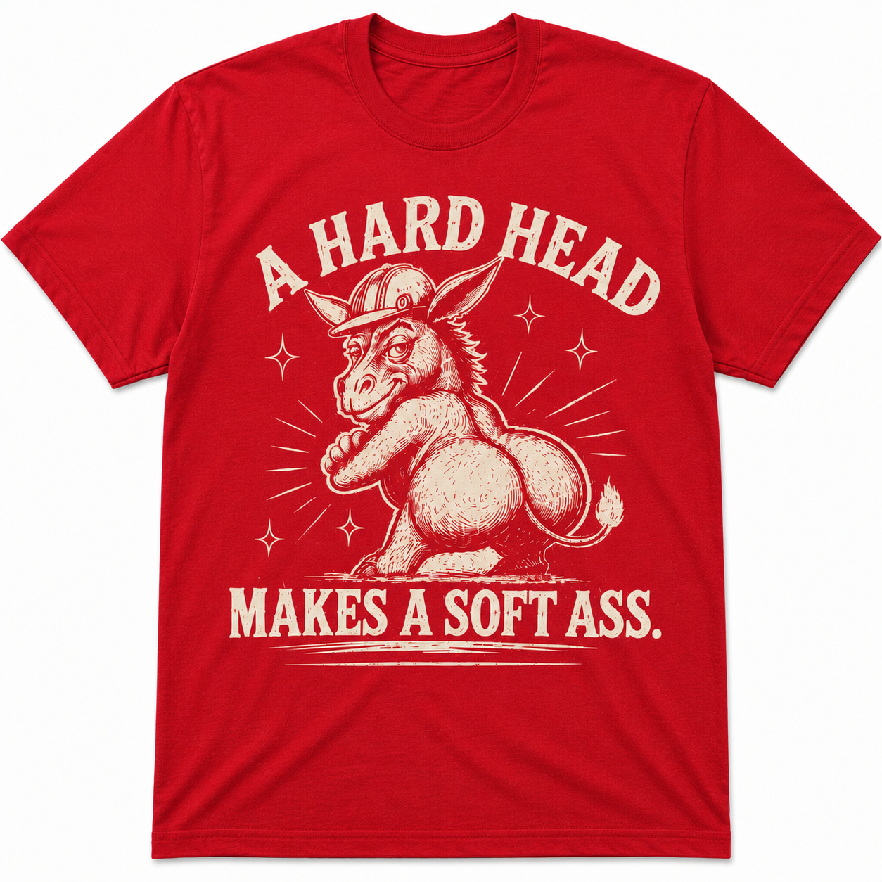 Red western graphic t-shirt with distressed donkey illustration and southern humor typography