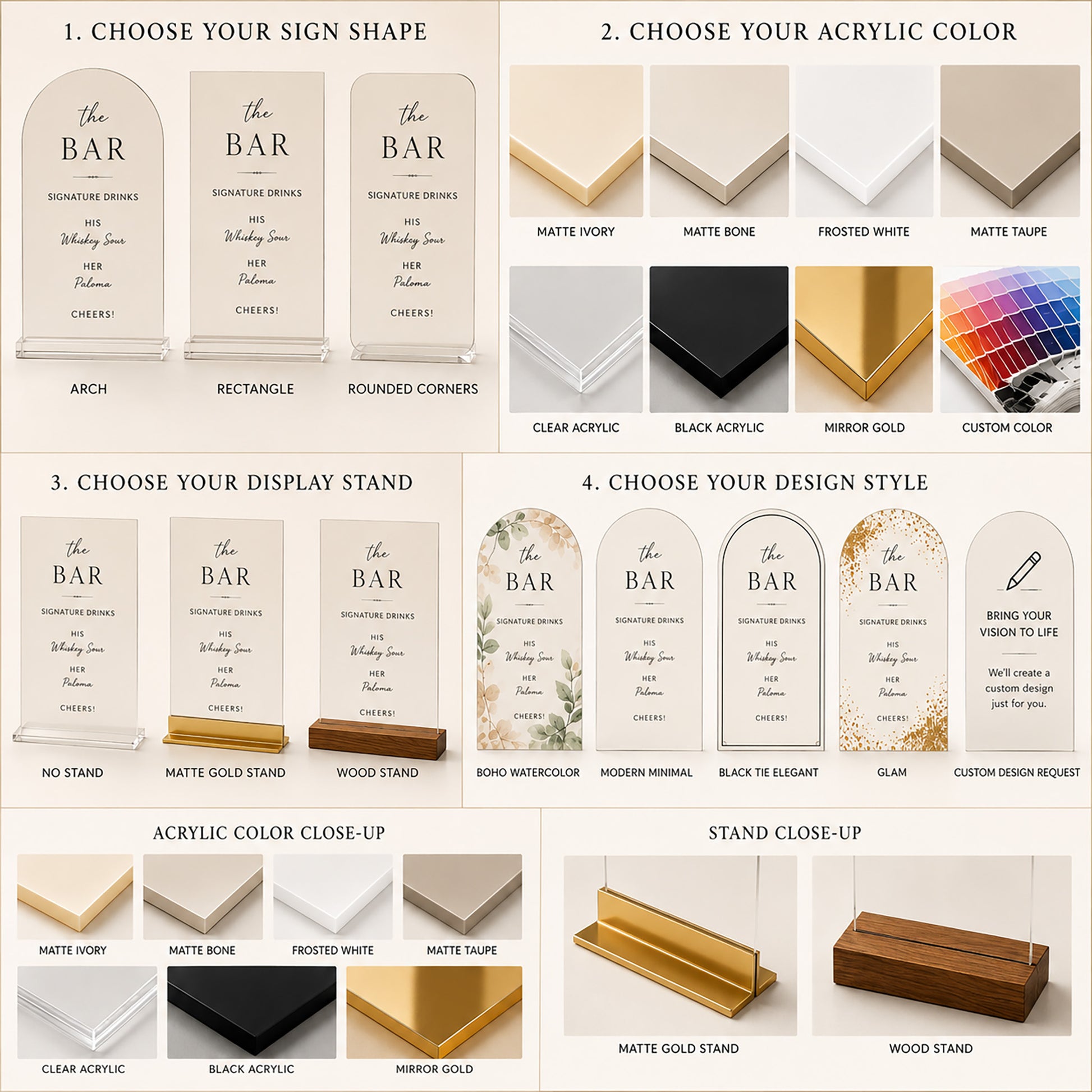Product customization options for a decorative sign with shape, color, stand, and design style choices.