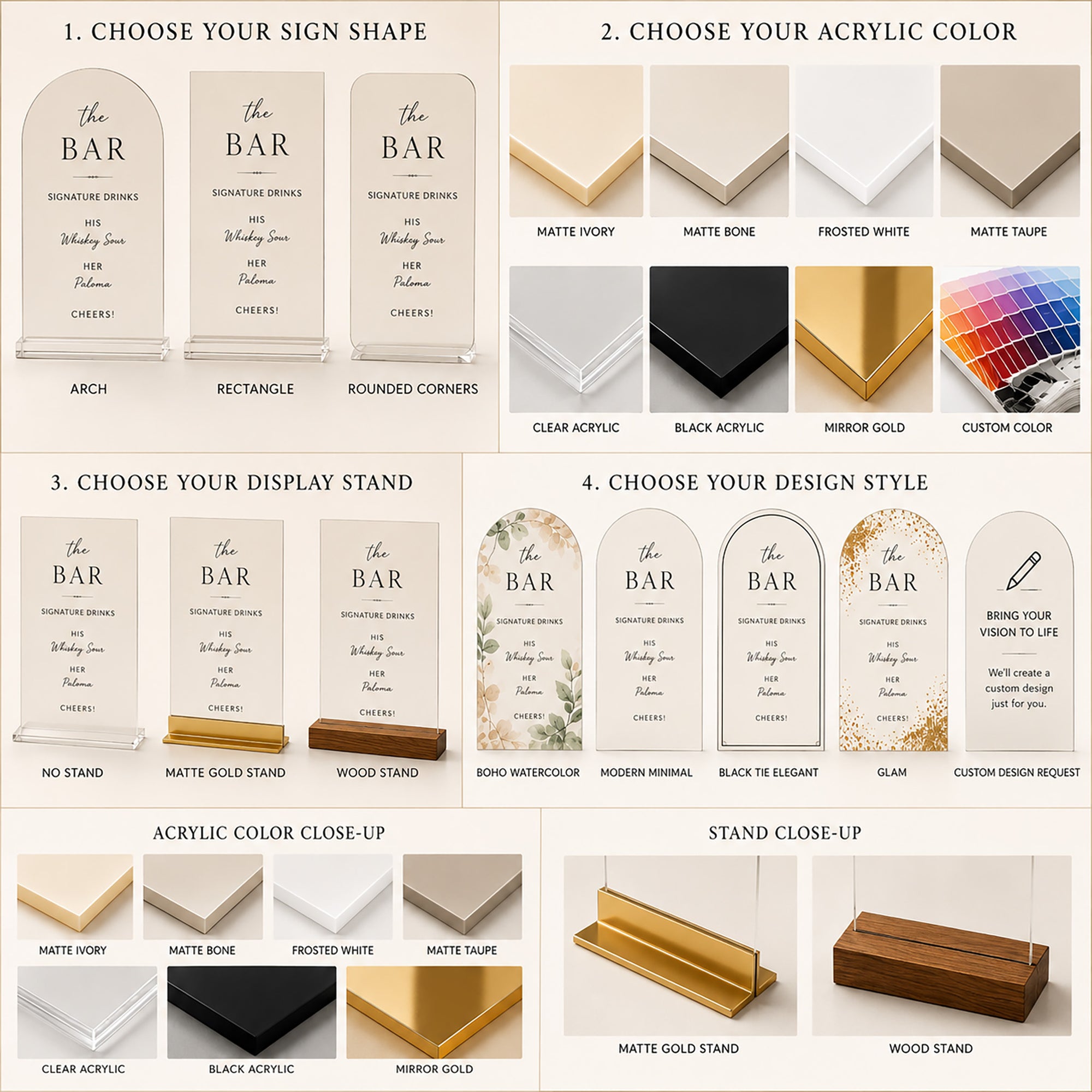 Product customization options for a decorative sign with shape, color, stand, and design style choices.