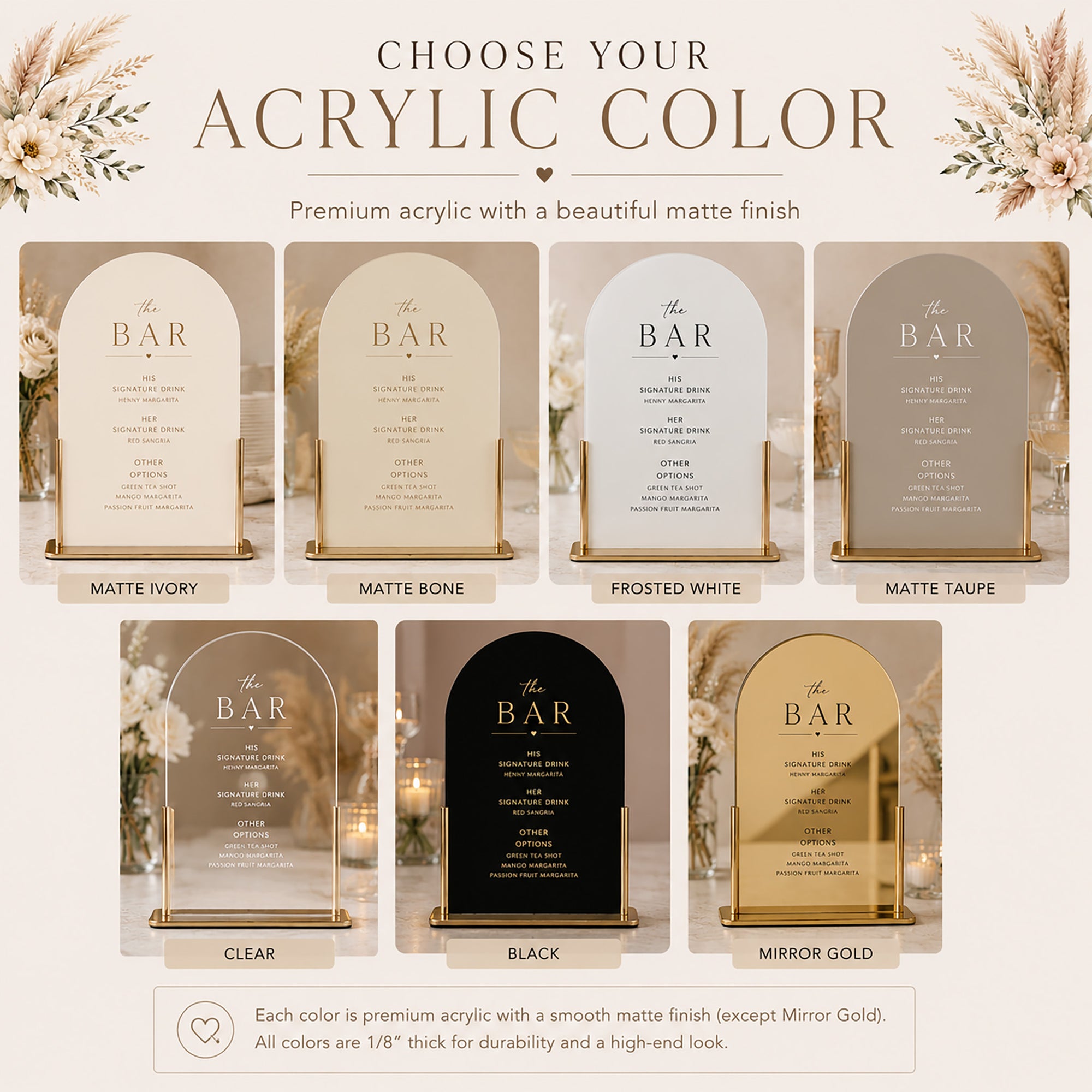 Acrylic sign display with various colors and text 'The Bar' on a neutral background.