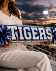 Person holding an acrylic spirit stick with blue and white lettering and pom-poms