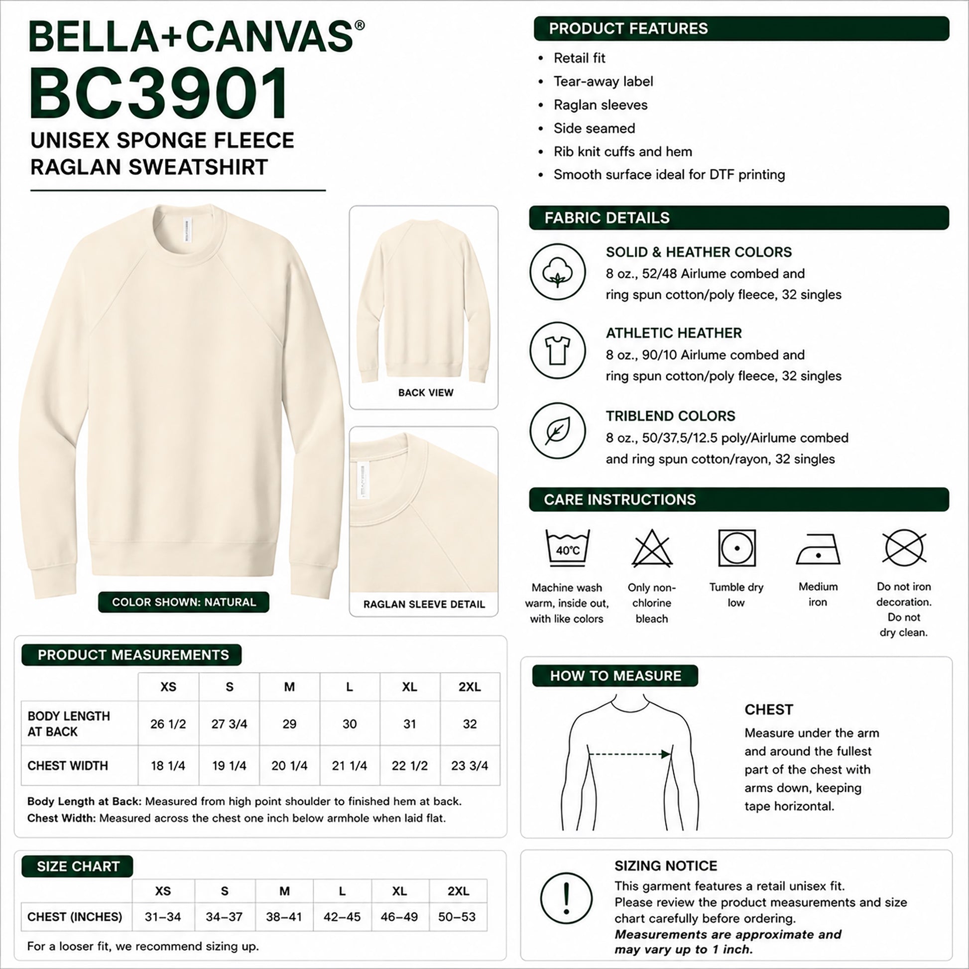 Bella+Canvas BC3901 unisex sponge fleece raglan sweatshirt product information sheet.