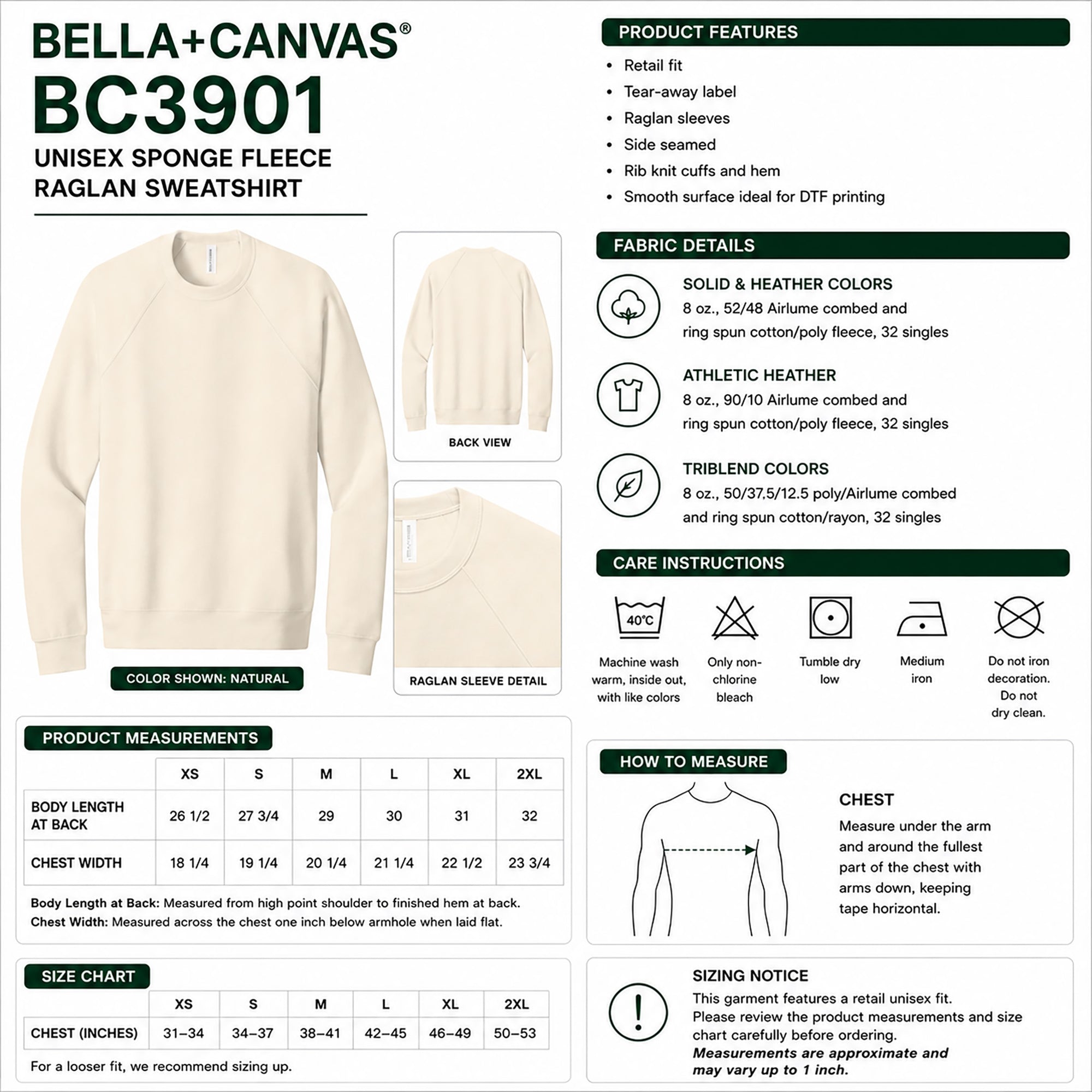 Bella+Canvas BC3901 unisex sponge fleece raglan sweatshirt product information sheet.