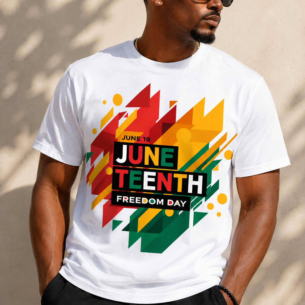 White Juneteenth graphic T-shirt with colorful “JUNE TEENTH” and “Freedom Day”