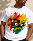 White Juneteenth graphic T-shirt with colorful “JUNE TEENTH” and “Freedom Day”