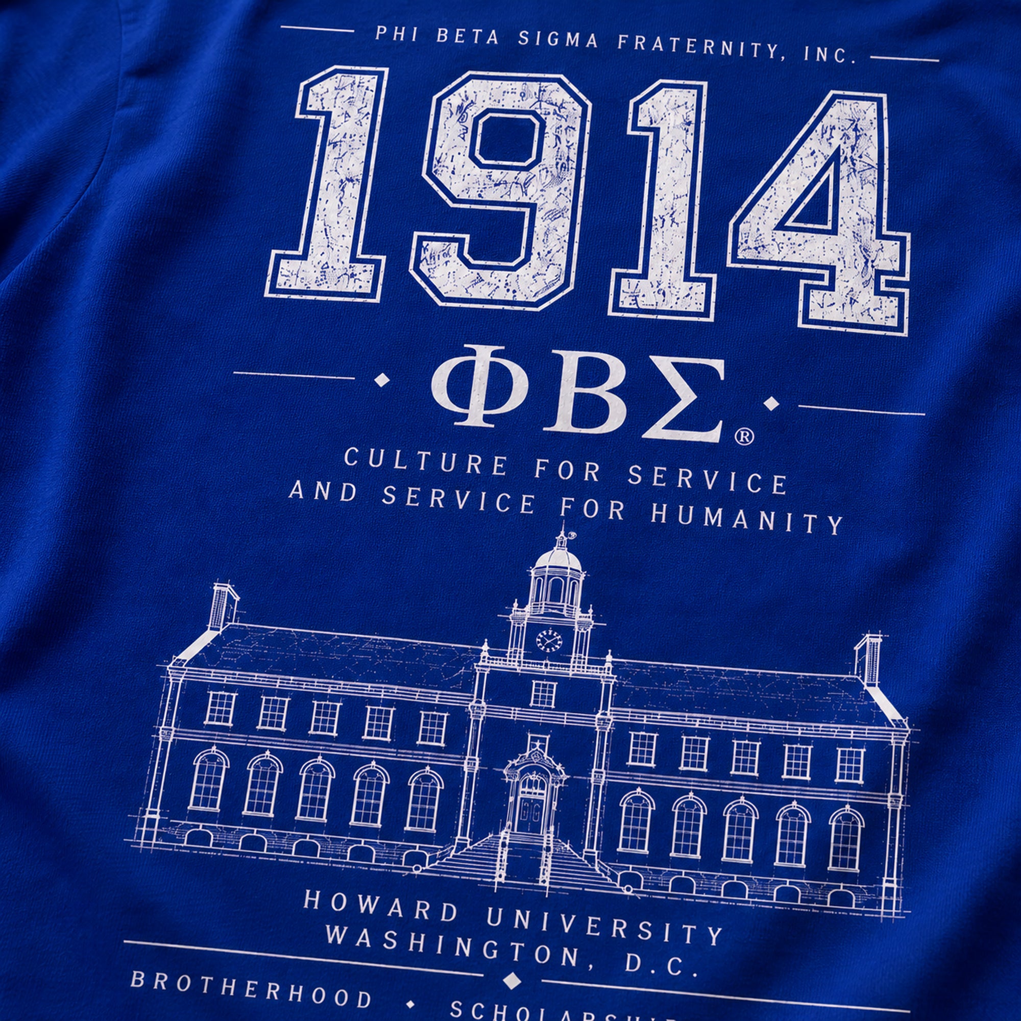 Close-up of Phi Beta Sigma 1914 back design showing distressed collegiate print details