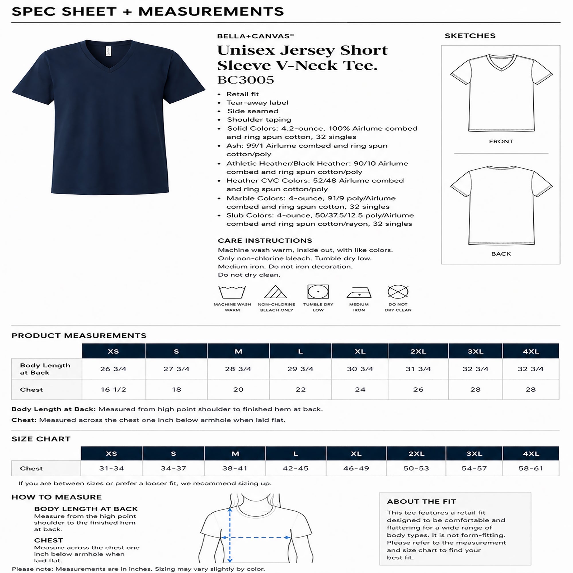 Spec sheet and measurements for Bella+Canvas unisex jersey short sleeve V-neck tee with product details and size chart.
