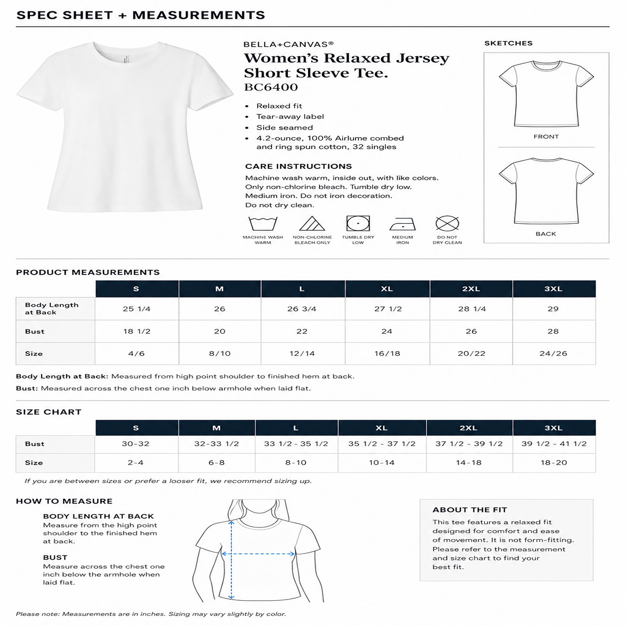 Spec sheet and measurements for Bella+Canvas women's relaxed jersey short sleeve tee.