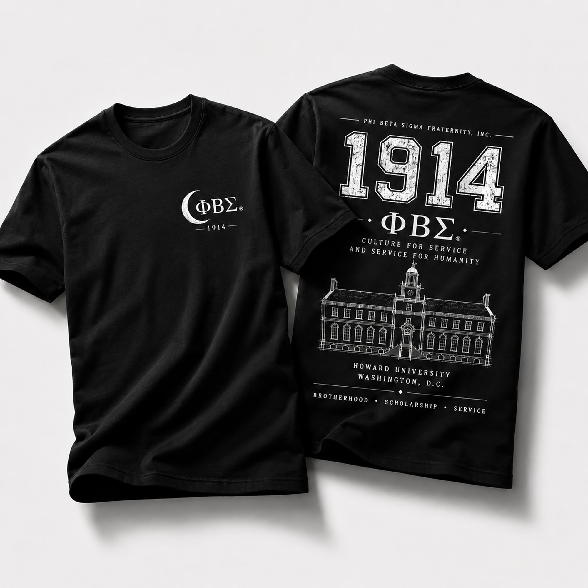 Front and back view of Phi Beta Sigma 1914 t-shirt featuring distressed collegiate artwork and Howard University illustration