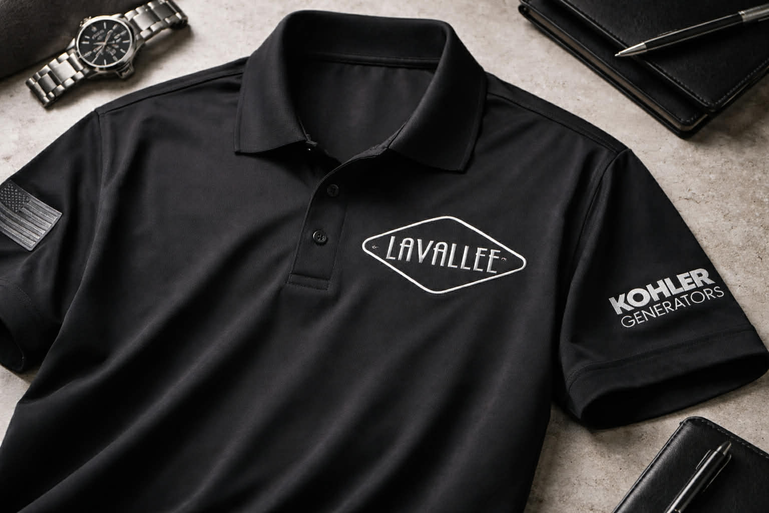Black polo shirt with 'Lavallee' and 'Kohler Generators' logos on a concrete surface.