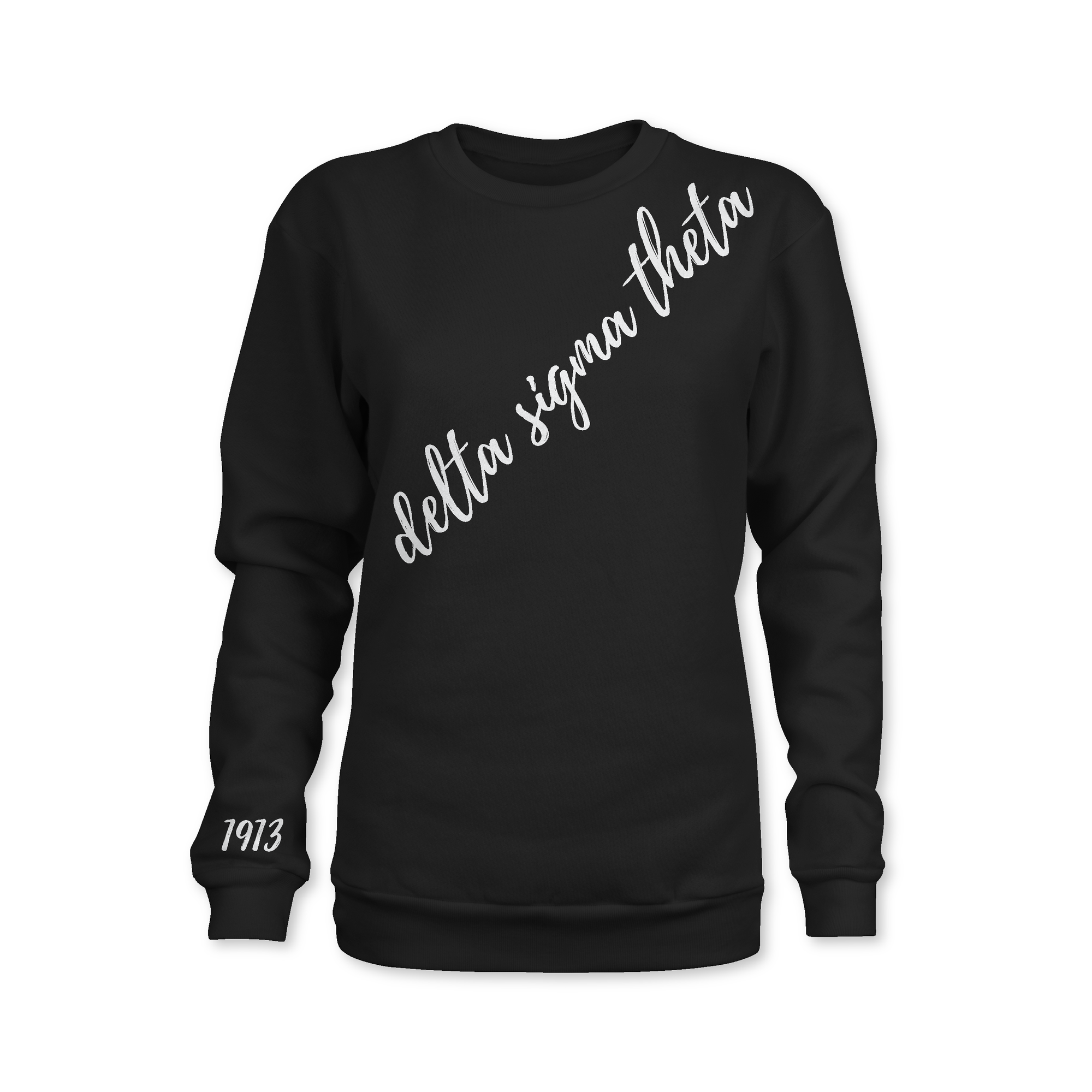 Black sweatshirt with 'delta sigma theta' text on a white background