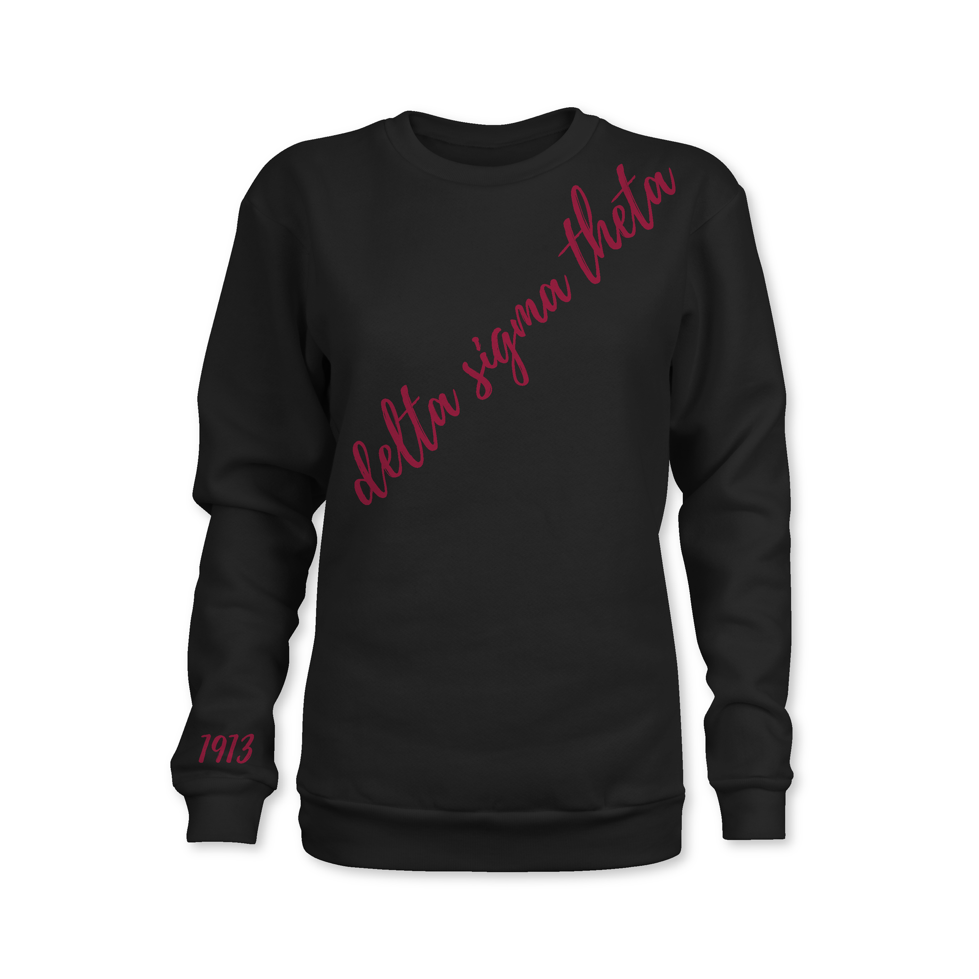 Black sweatshirt with red text 'delta sigma theta' on a white background