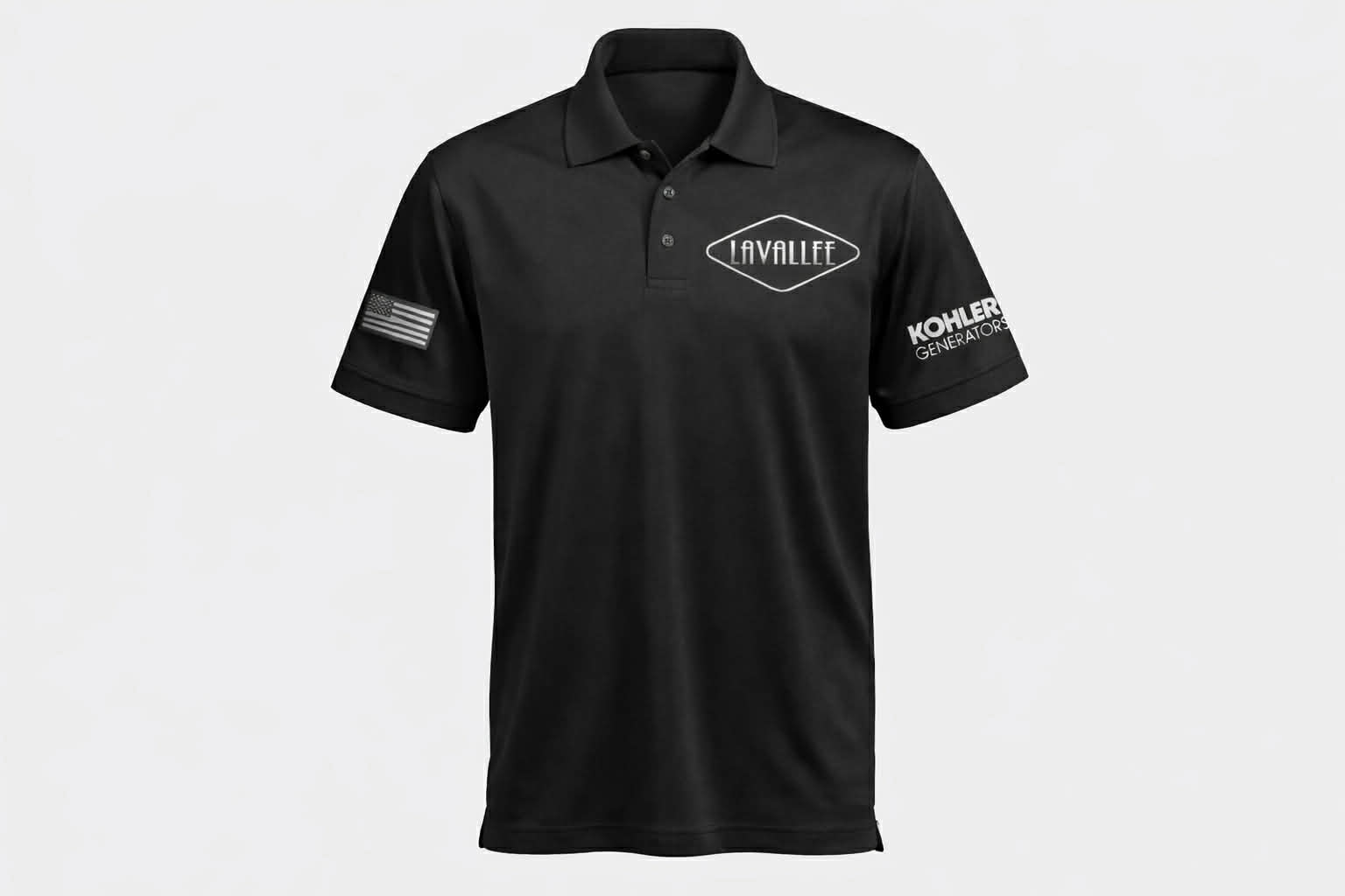 Black polo shirt with logos on sleeves against a white background
