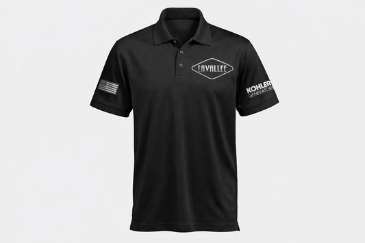 Black polo shirt with logos on sleeves against a white background