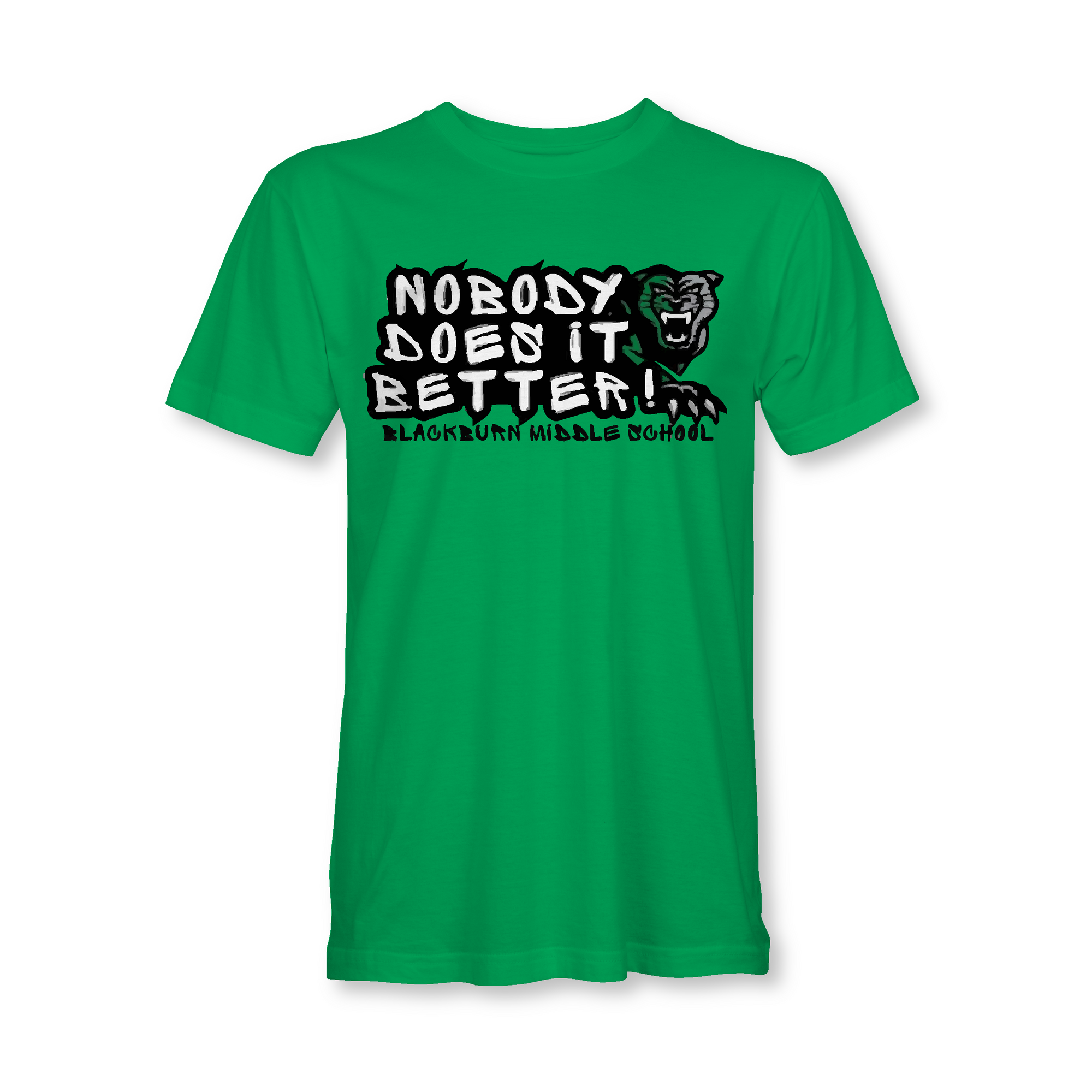 Green crew-neck T-shirt with bold front slogan and panther mascot graphic