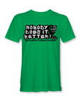 Green crew-neck T-shirt with bold front slogan and panther mascot graphic