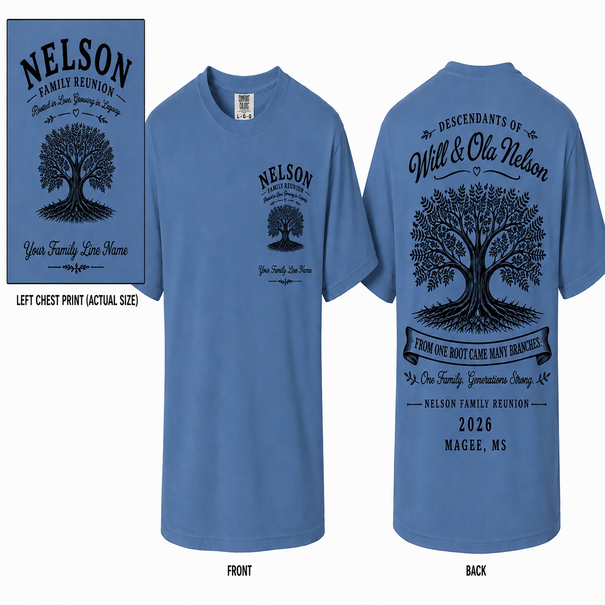 Blue Nelson family reunion T-shirt with tree graphic on front and back text