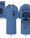 Blue Nelson family reunion T-shirt with tree graphic on front and back text
