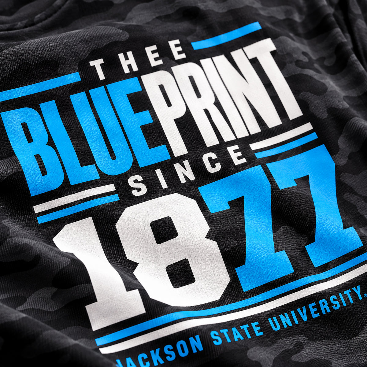Jackson State Thee Blueprint Black Camo T-Shirt print detail
