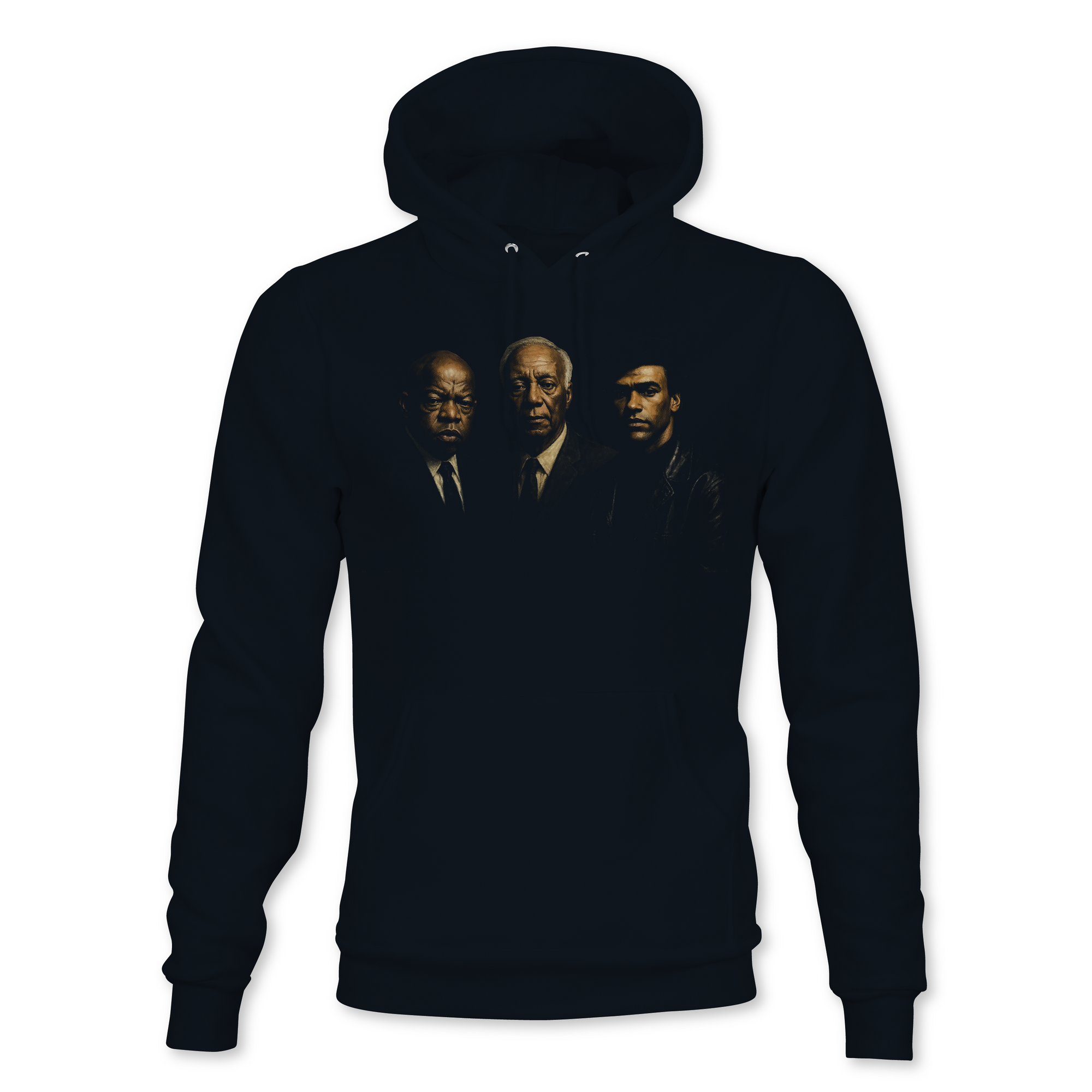Black pullover hoodie with three men portrait graphic on the front